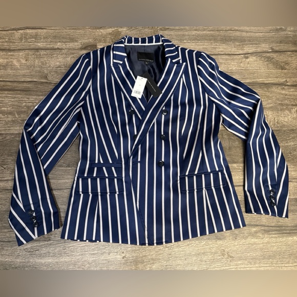 Banana Republic Navy and White Striped Double-Breasted Blazer - Picture 2 of 9